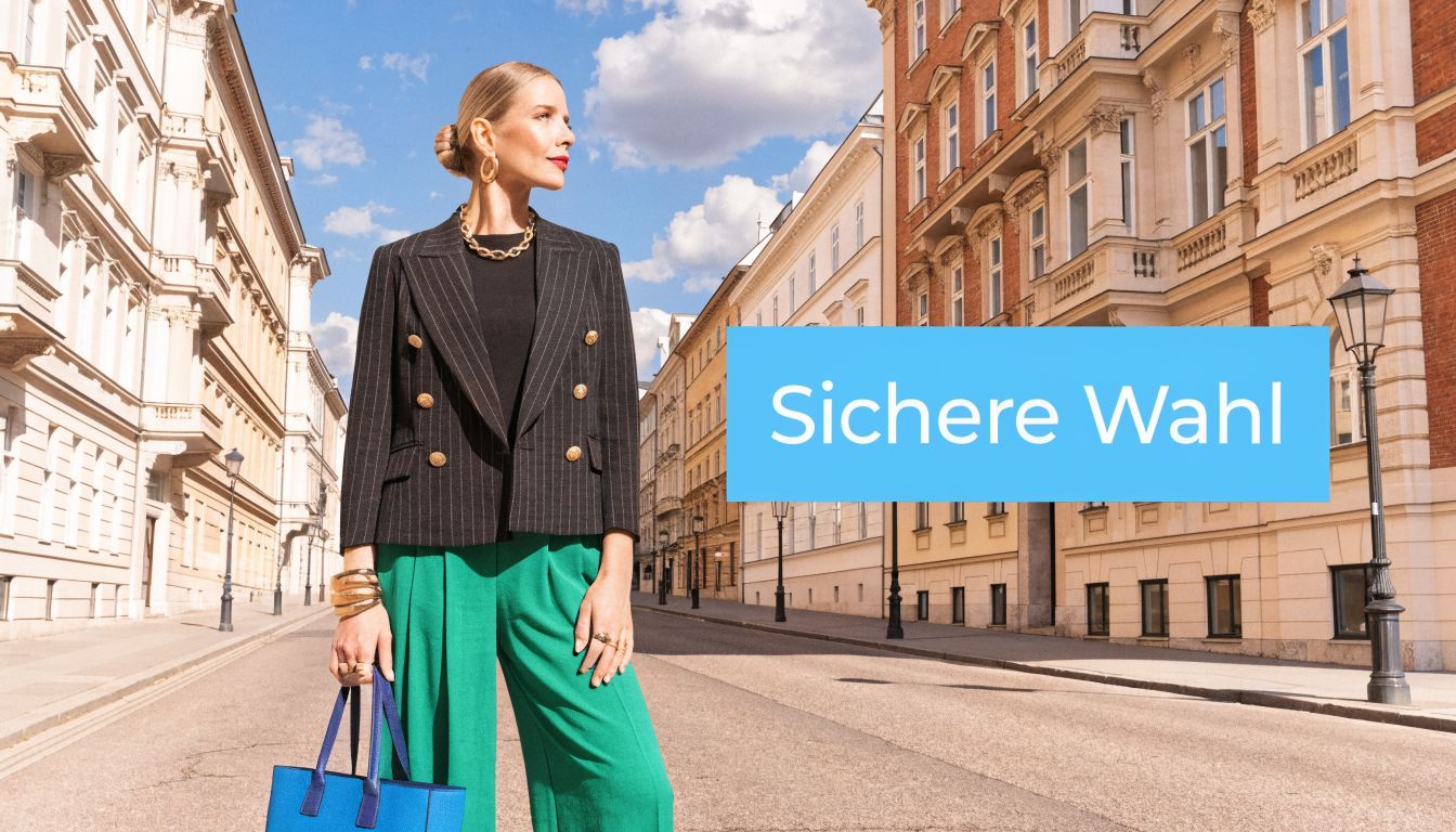 Eine elegante blonde Frau in einem schicken Blazer und grüner Hose steht auf einer Wiener Straße.