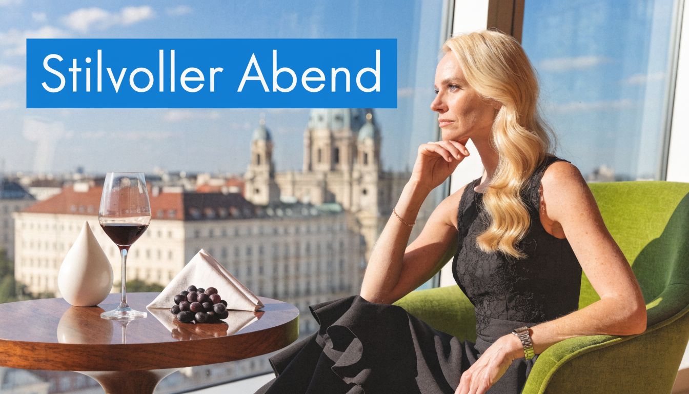 Eine elegante blonde Frau sitzt in einem grünen Sessel vor einem Fenster mit Blick auf Berlin.