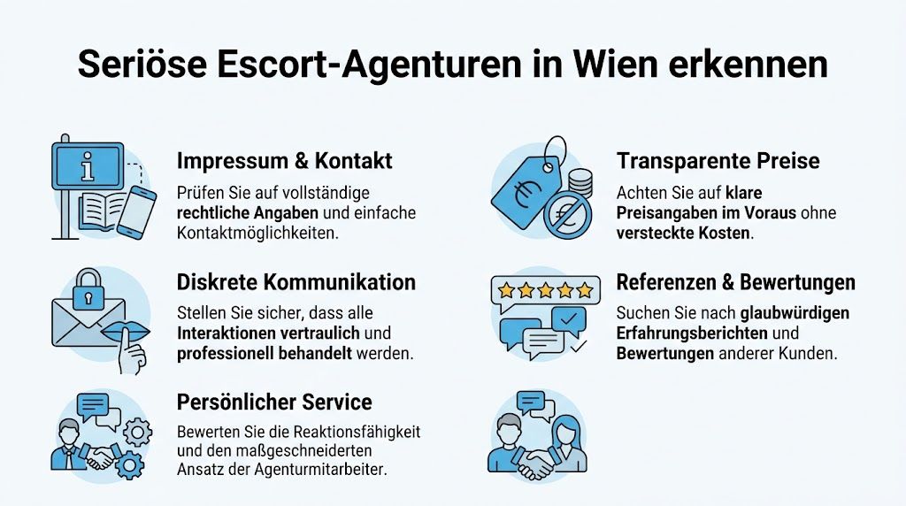 Eine Grafik mit Tipps zum Erkennen seriöser Escort-Agenturen in Wien, dargestellt durch übersichtliche Symbole und kurze Erklärungen.