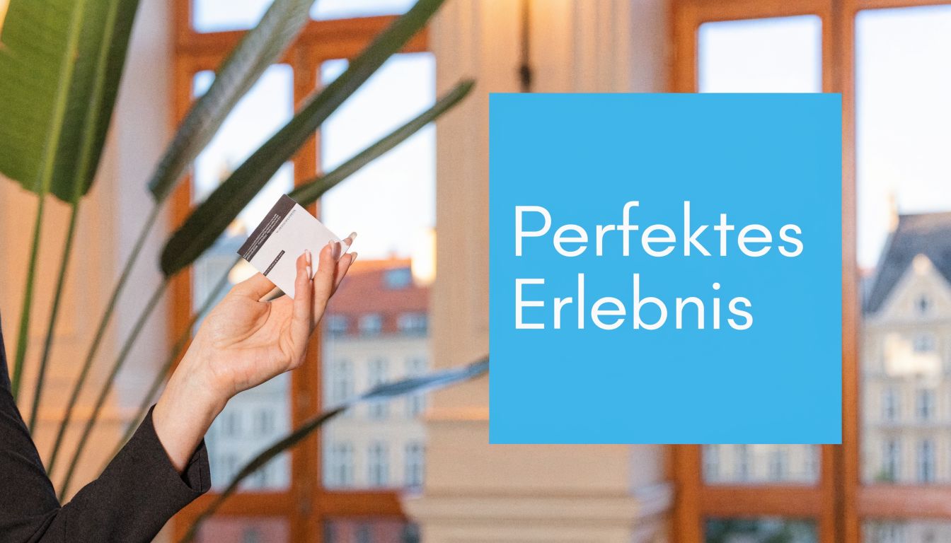 Eine Frau in geschäftlicher Kleidung hält eine Visitenkarte in einem hellen, eleganten Raum mit großen Fenstern.