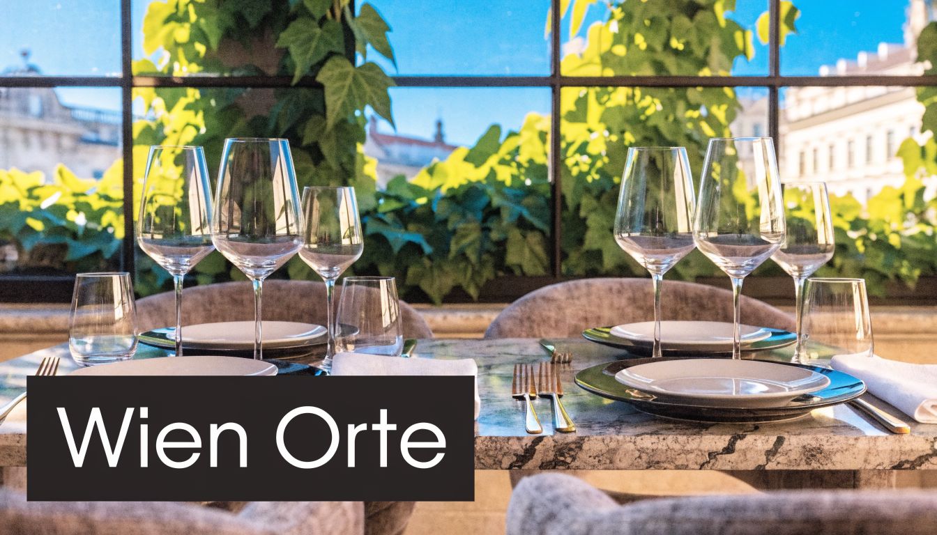 Ein elegant gedeckter Tisch in einem Wiener Restaurant mit Blick auf sonnendurchflutete grüne Pflanzen im Hintergrund.