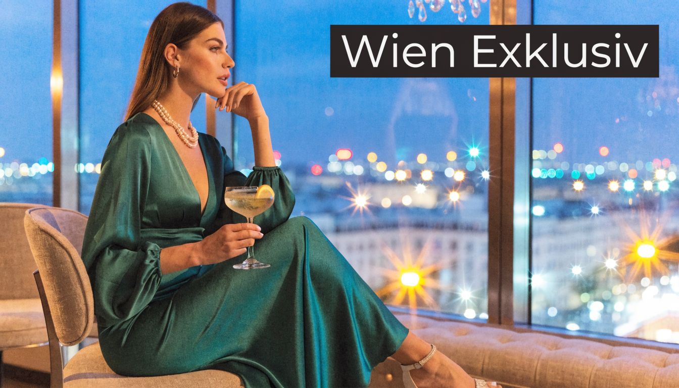 Eine elegante Frau in einem grünen Abendkleid sitzt mit einem Cocktail in einer luxuriösen Bar in Wien.