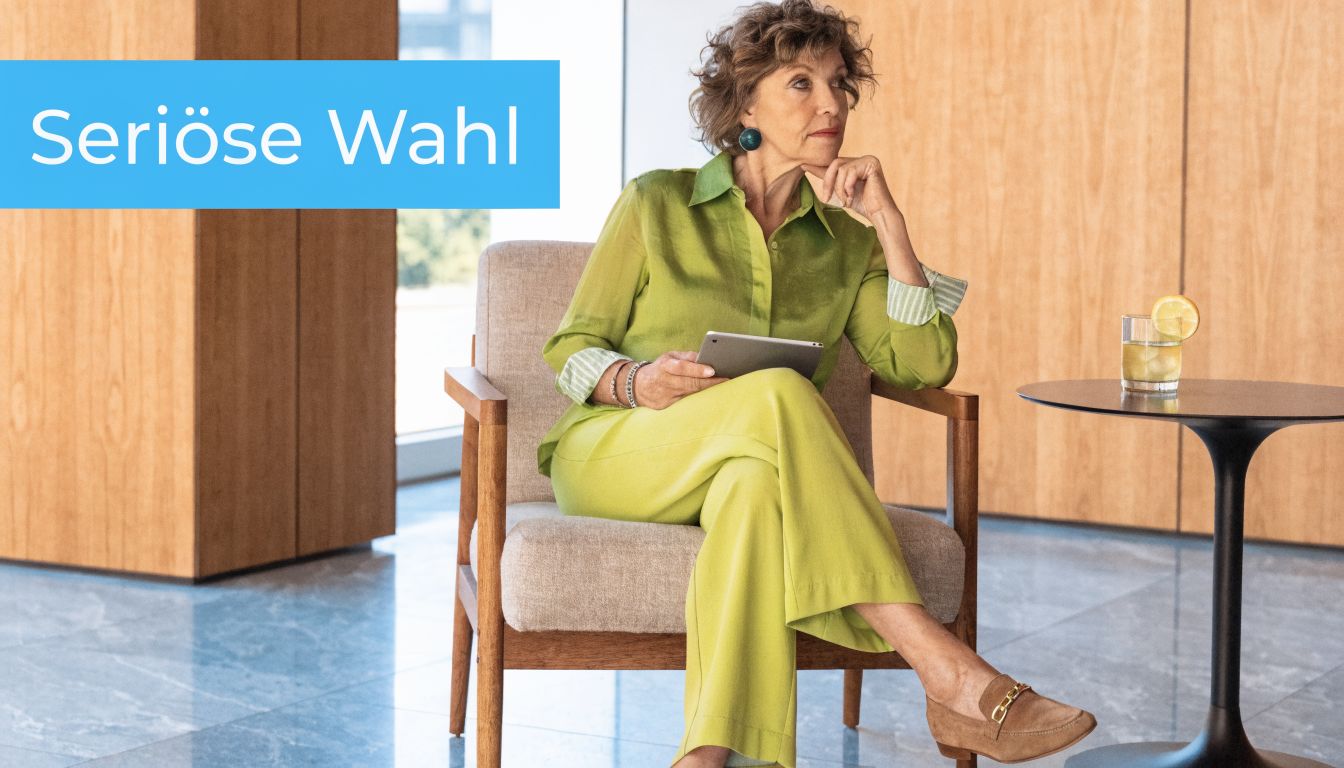 Eine elegante, reife Frau in limettengrüner Kleidung sitzt nachdenklich mit einem Tablet in einem modernen Lounge-Bereich.