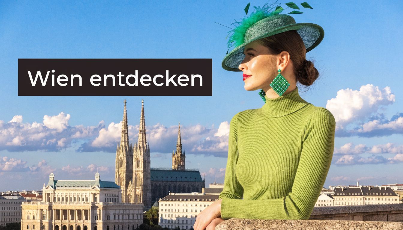 Eine elegante Frau mit grünem Hut und Rollkragenpullover blickt vor dem Wiener Votivkirchenpanorama auf die Stadt.