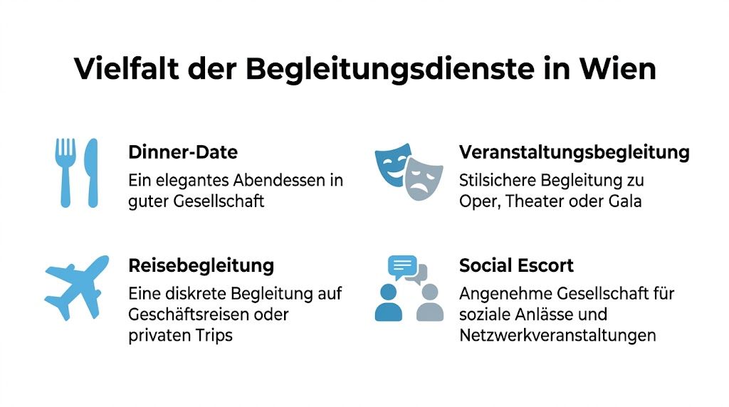 Übersicht der verschiedenen professionellen Begleitungsdienste in Wien, inklusive Dinner-Date, Reisebegleitung, Veranstaltungsbegleitung und Social Escort Dienstleistungen.
