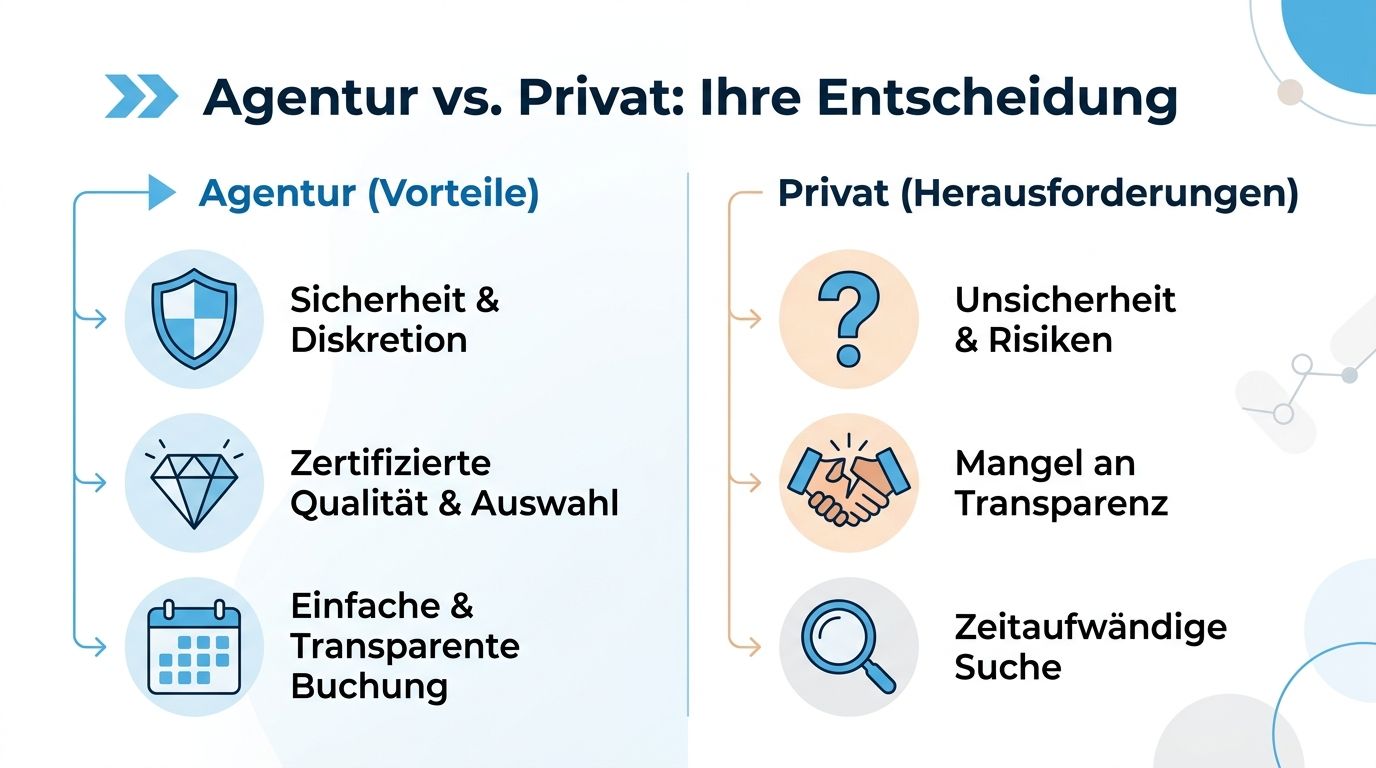 Vergleich zwischen professioneller Agentur und privater Buchung mit Fokus auf Sicherheit, Qualität und Transparenz der Prozesse.