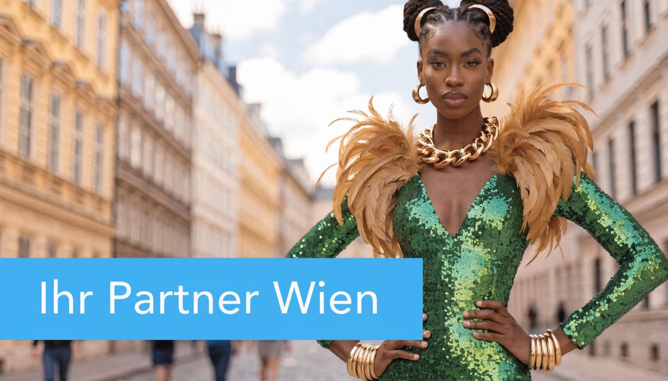 Eine elegant gekleidete Frau in einem grünen Paillettenkleid steht in einer historischen Straße in Wien.