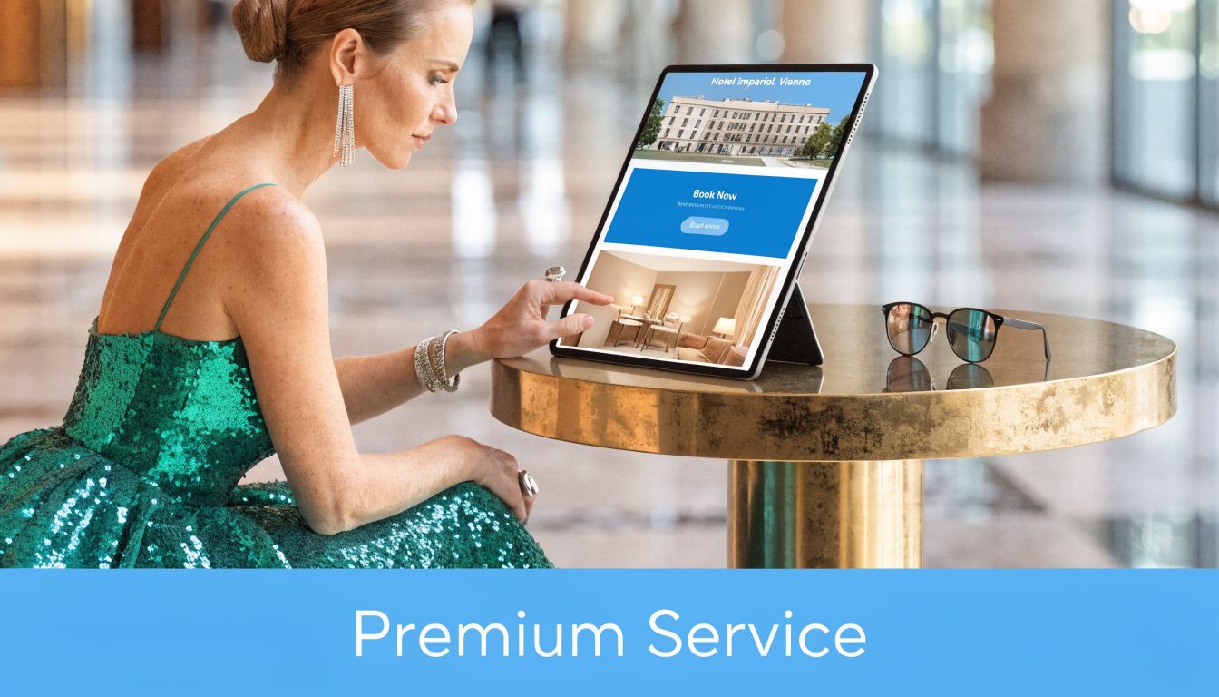 Eine elegante Frau in einem grünen Abendkleid bucht online ein Hotelzimmer auf einem Tablet in Wien.