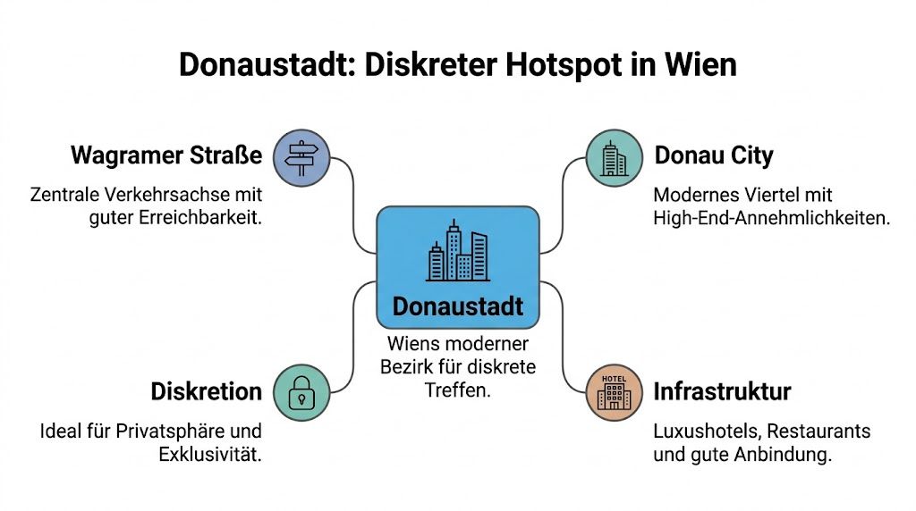 Eine Infografik über Donaustadt in Wien als diskreter Ort für exklusive Treffen mit moderner Infrastruktur.