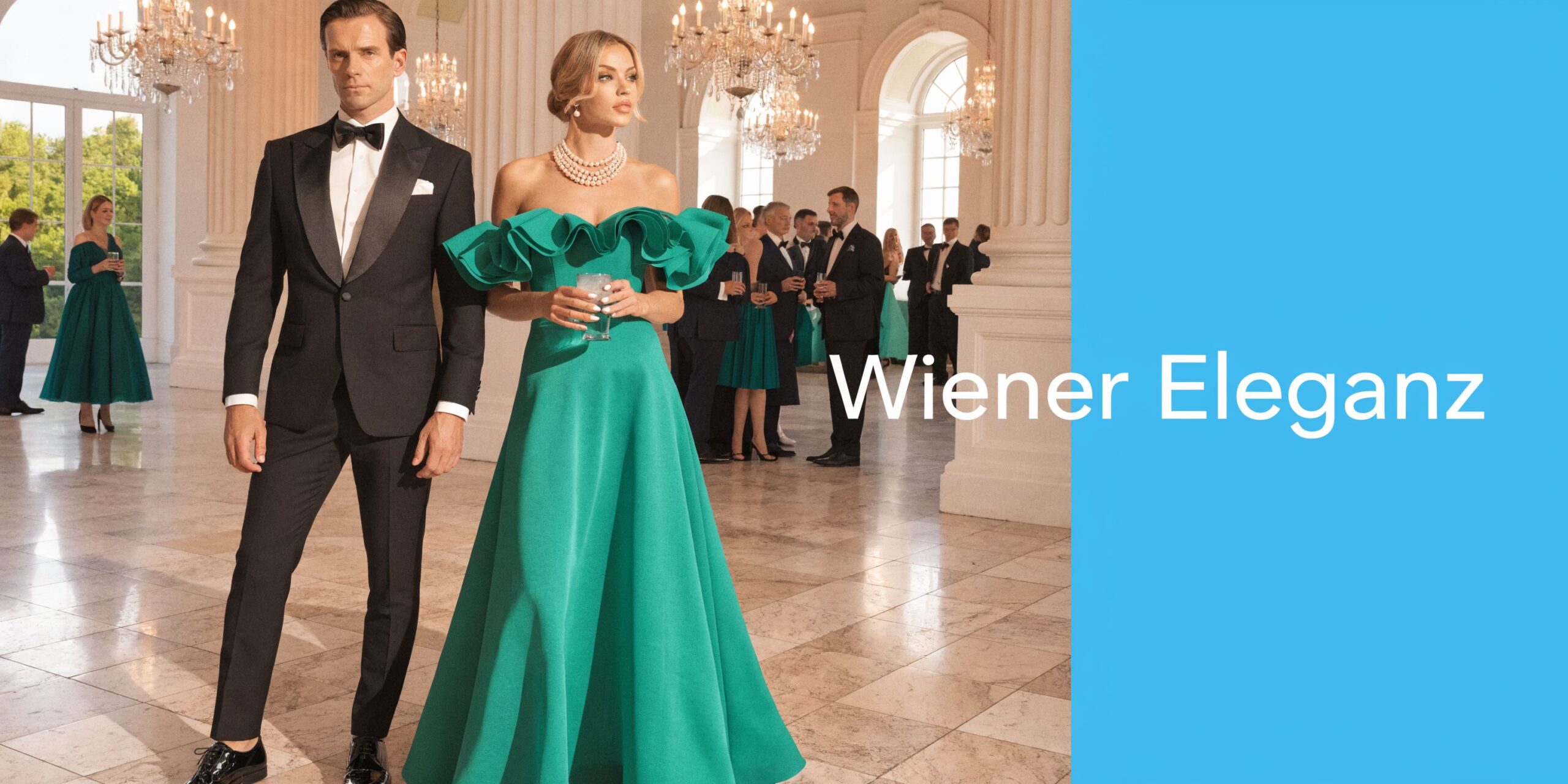 Ein elegantes Paar in Abendgarderobe bei einem luxuriösen Ball in einem prunkvollen Wiener Ballsaal mit Gästen.