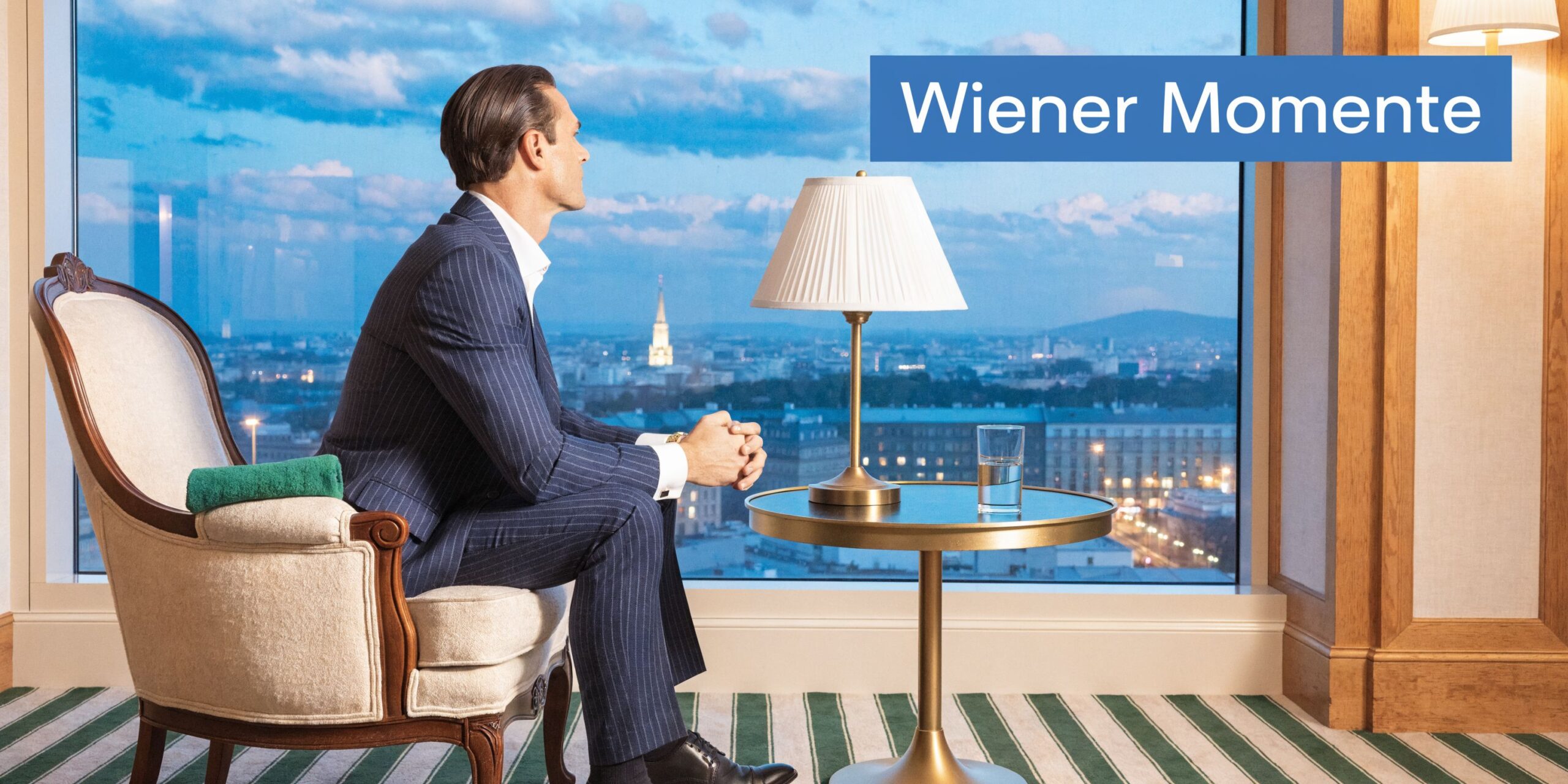 Ein elegant gekleideter Mann sitzt in einem Sessel und blickt aus einem Fenster auf die Stadt Wien.
