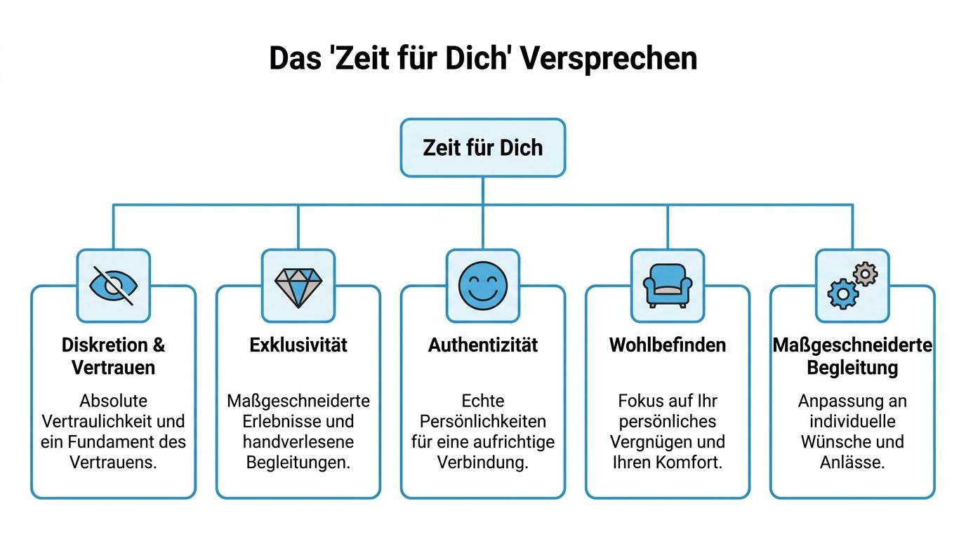 Eine grafische Übersicht der Werteversprechen wie Diskretion, Exklusivität, Authentizität, Wohlbefinden und maßgeschneiderte Begleitung für eine exklusive Dienstleistung.