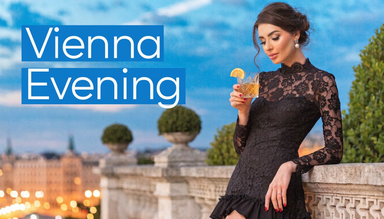 Eine elegante Frau in einem schwarzen Spitzenkleid genießt einen Cocktail auf einer Terrasse vor der Wiener Stadtsilhouette.