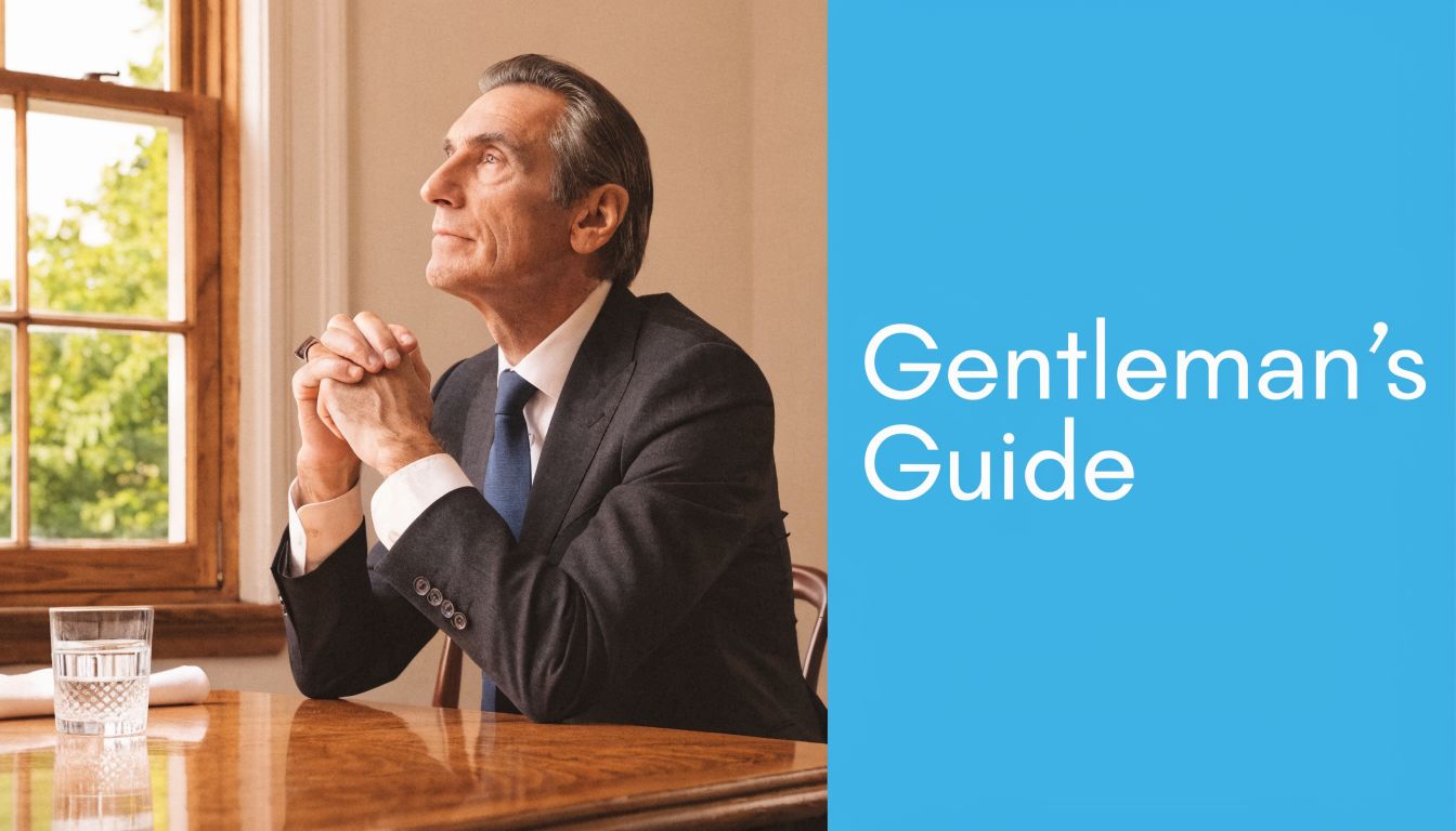 Ein eleganter älterer Herr im Anzug sitzt nachdenklich an einem Holztisch mit einem Glas Wasser.