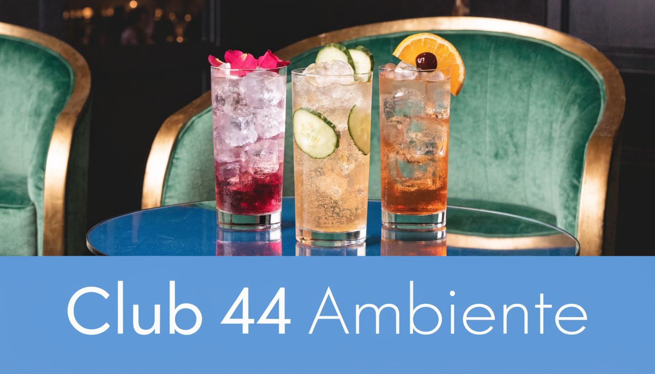 Drei bunte Cocktails stehen auf einem runden Tisch vor grünen gepolsterten Sesseln im Club 44 Ambiente.