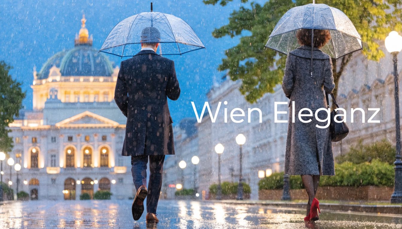Ein Paar mit Regenschirmen spaziert bei Regen elegant vor einem prunkvollen historischen Wiener Gebäude im Abendlicht.
