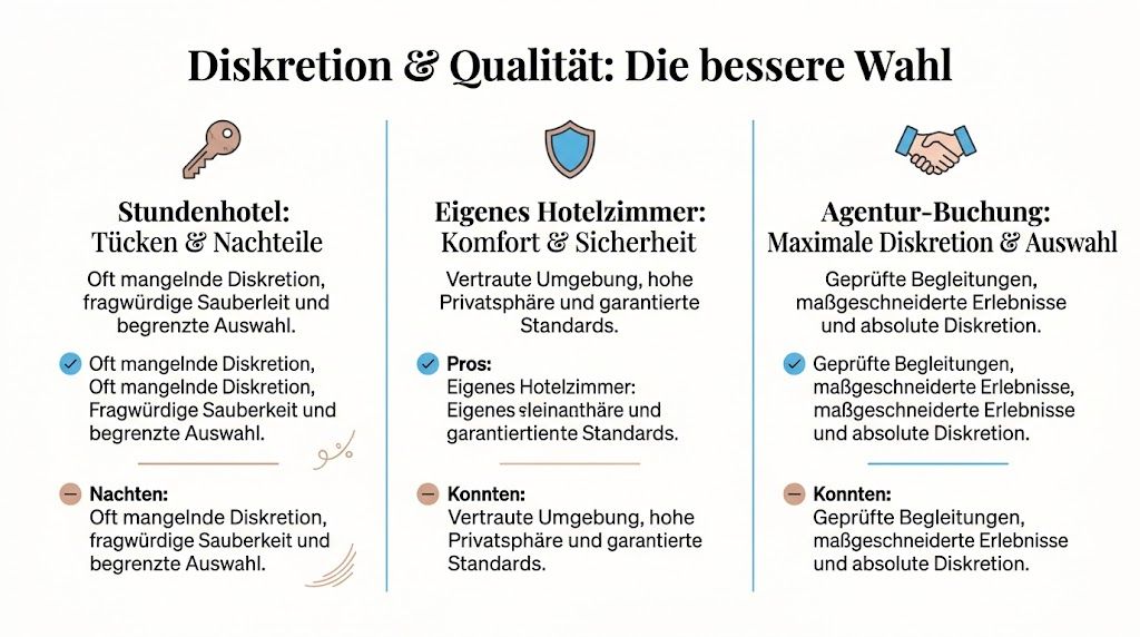 Vergleichsgrafik zwischen Stundenhotels, eigenen Hotelzimmern und Agenturbuchungen für mehr Diskretion und Qualität bei Begleitungen.