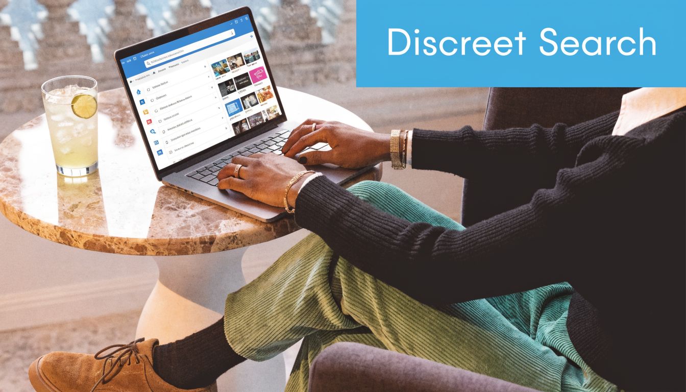 Eine Person sitzt in einem bequemen Sessel und nutzt einen Laptop für eine diskrete Online-Suche.