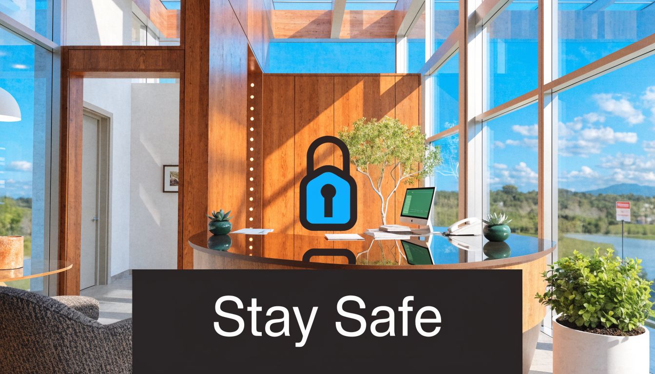 Ein moderner Empfangsbereich mit einem Sicherheitssymbol und dem Text Stay Safe in einer professionellen Büroumgebung.