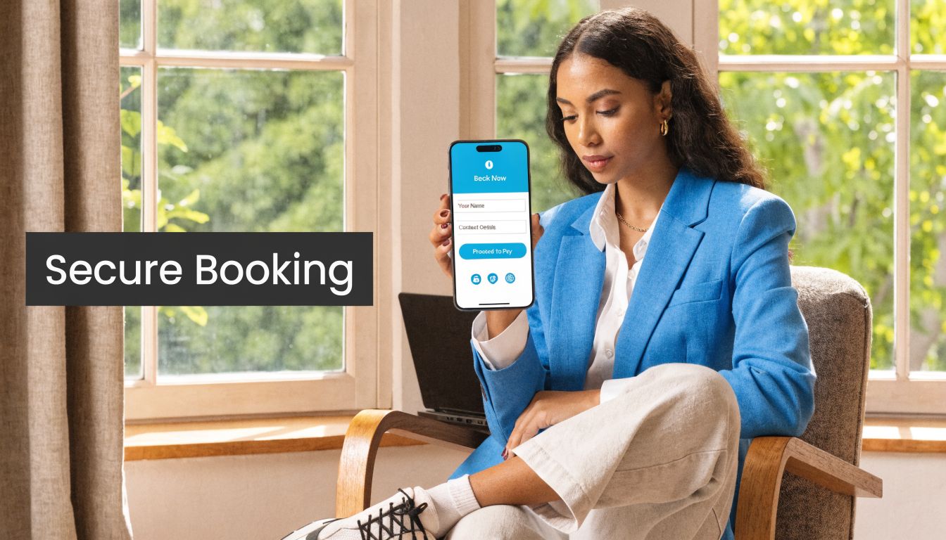 Eine Frau in einem blauen Blazer hält ein Smartphone mit einer Buchungs-App vor einem Fenster.