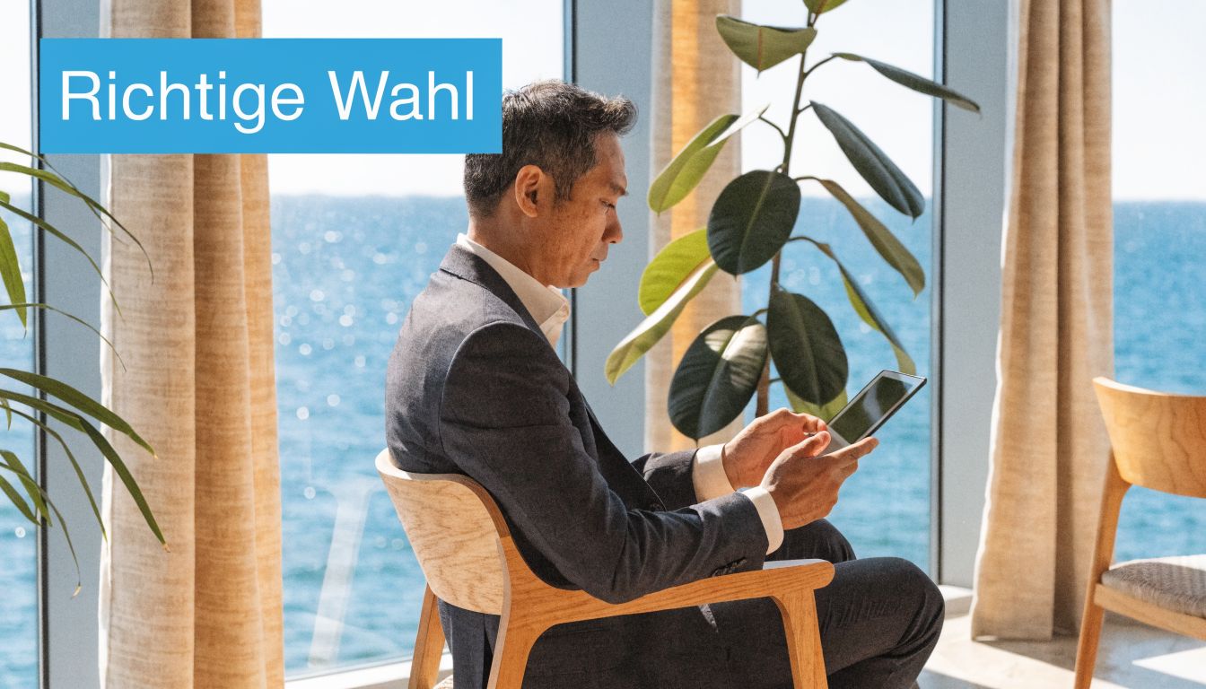 Ein Geschäftsmann im Anzug sitzt in einem modernen Raum vor dem Meer und nutzt ein Tablet.