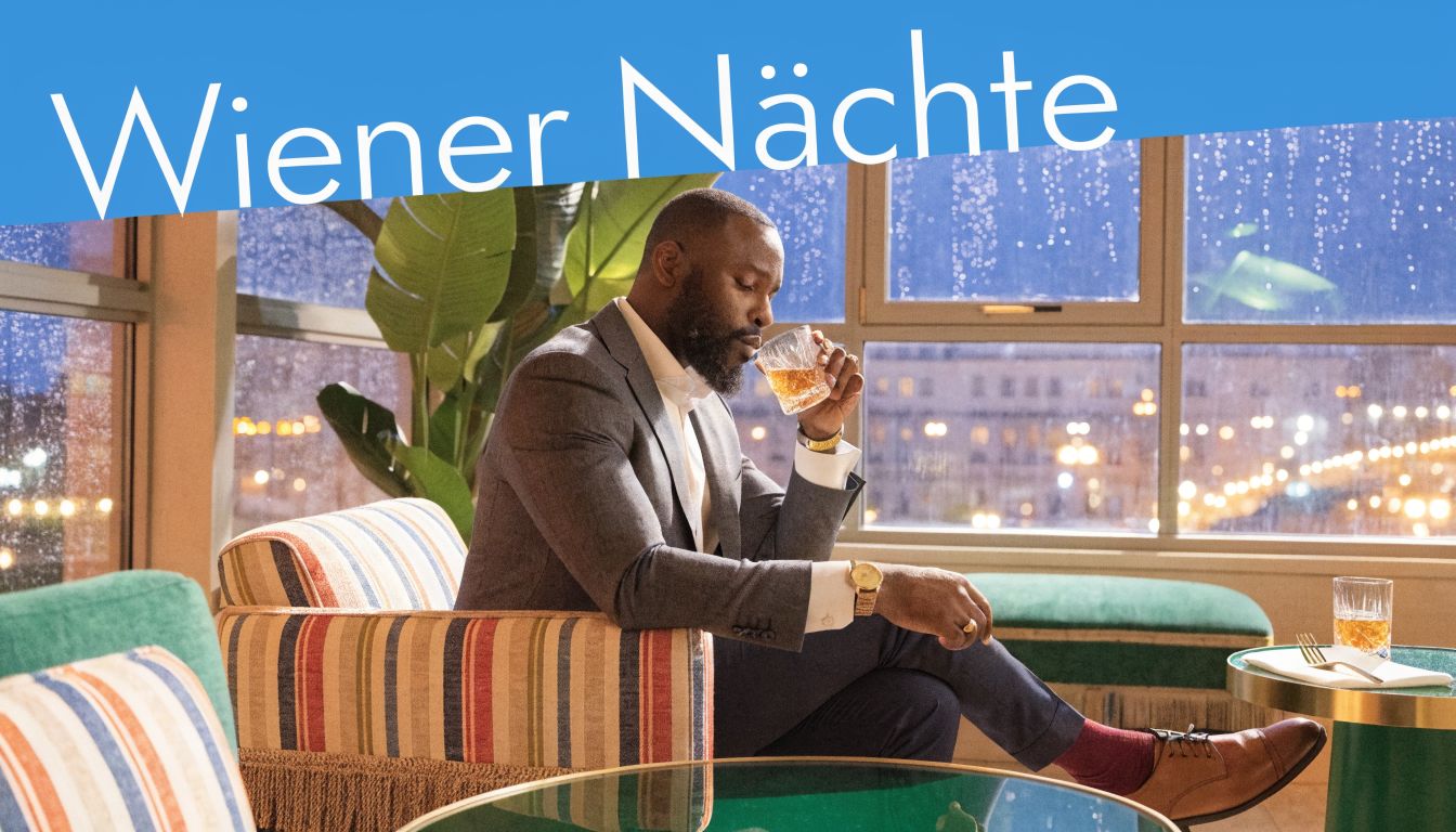 Ein eleganter Mann genießt in einem luxuriösen Hotelzimmer mit Blick auf die beleuchtete Stadt ein Glas Whisky.