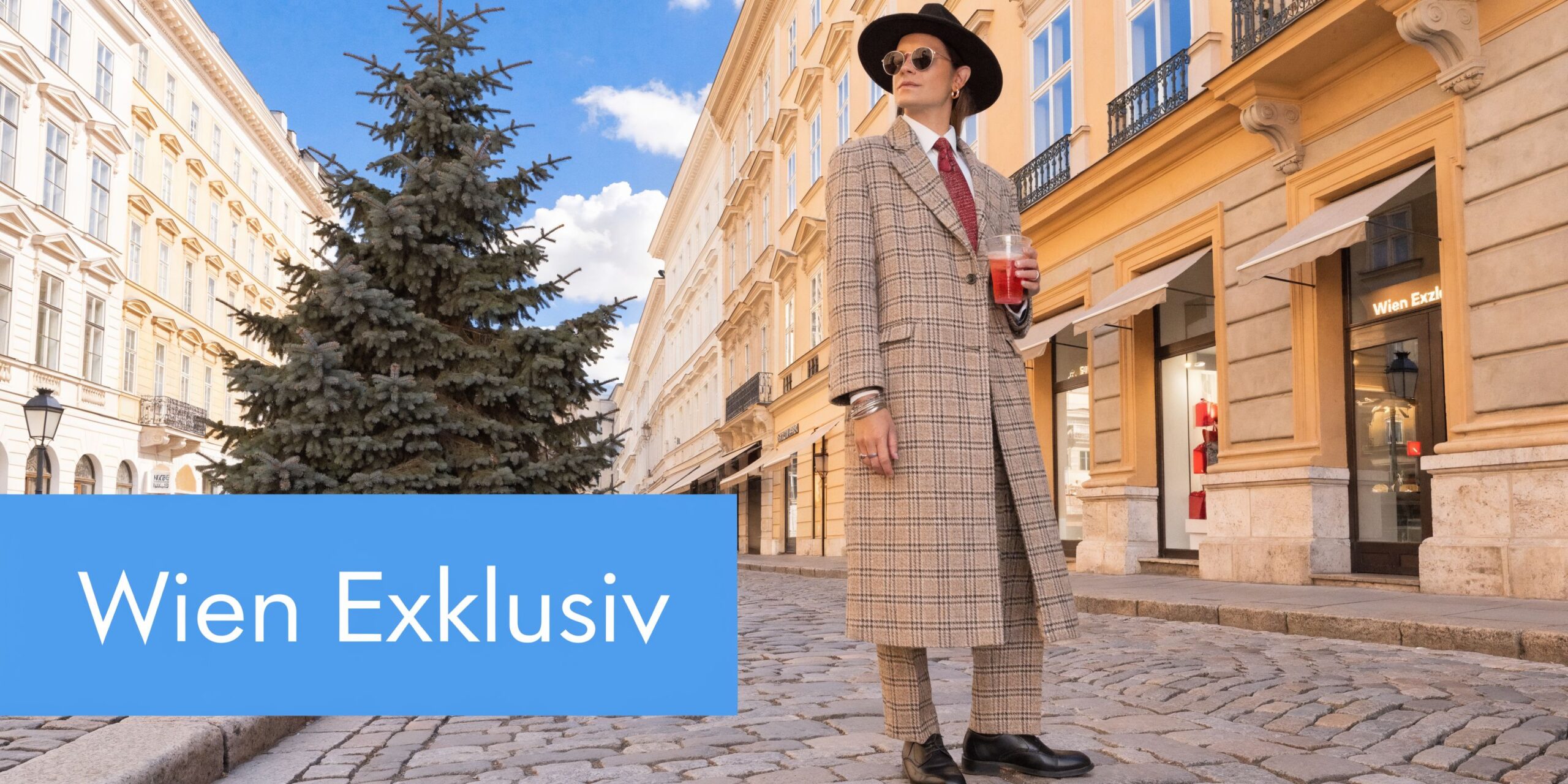 Ein stilvoll gekleideter Mann mit Hut und Mantel steht vor einem exklusiven Geschäft in der Wiener Innenstadt.