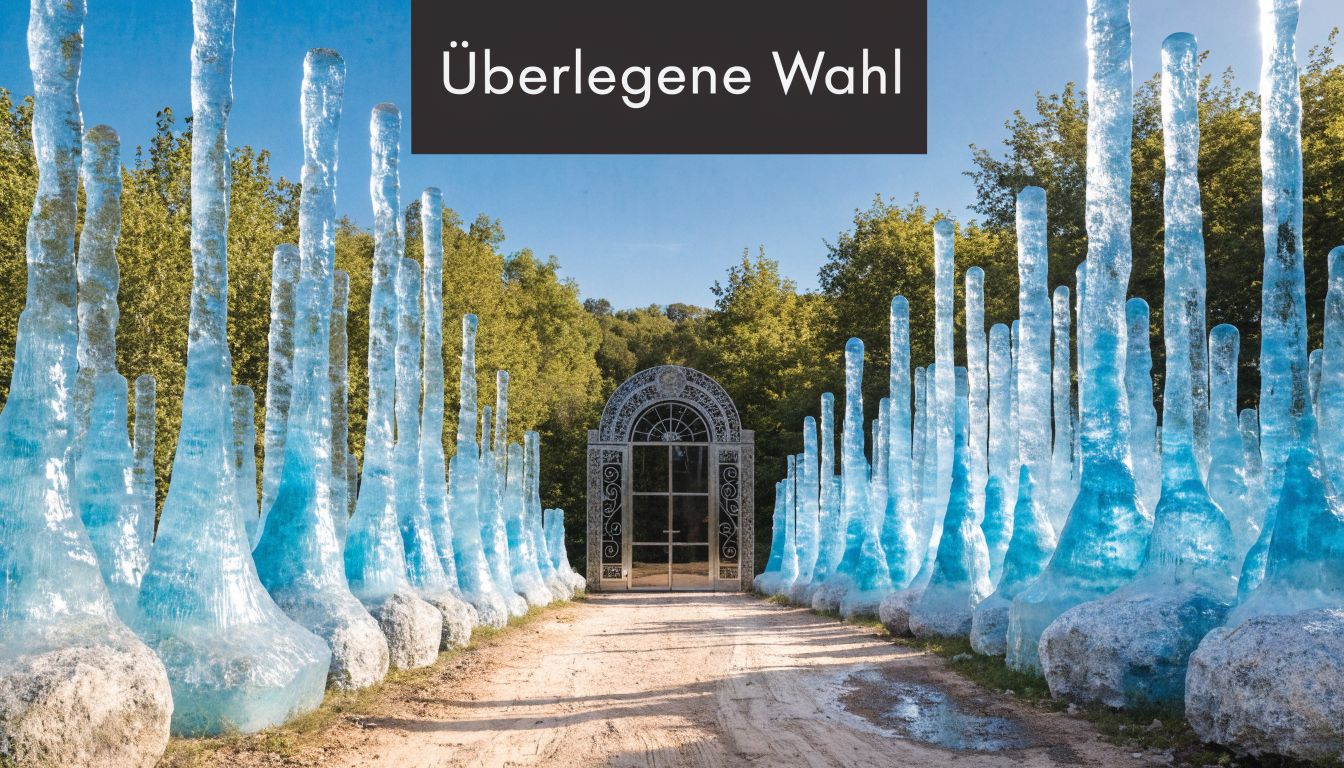 Ein Pfad gesäumt von leuchtend blauen Eisskulpturen führt zu einem verzierten metallenen Tor in einem Wald.