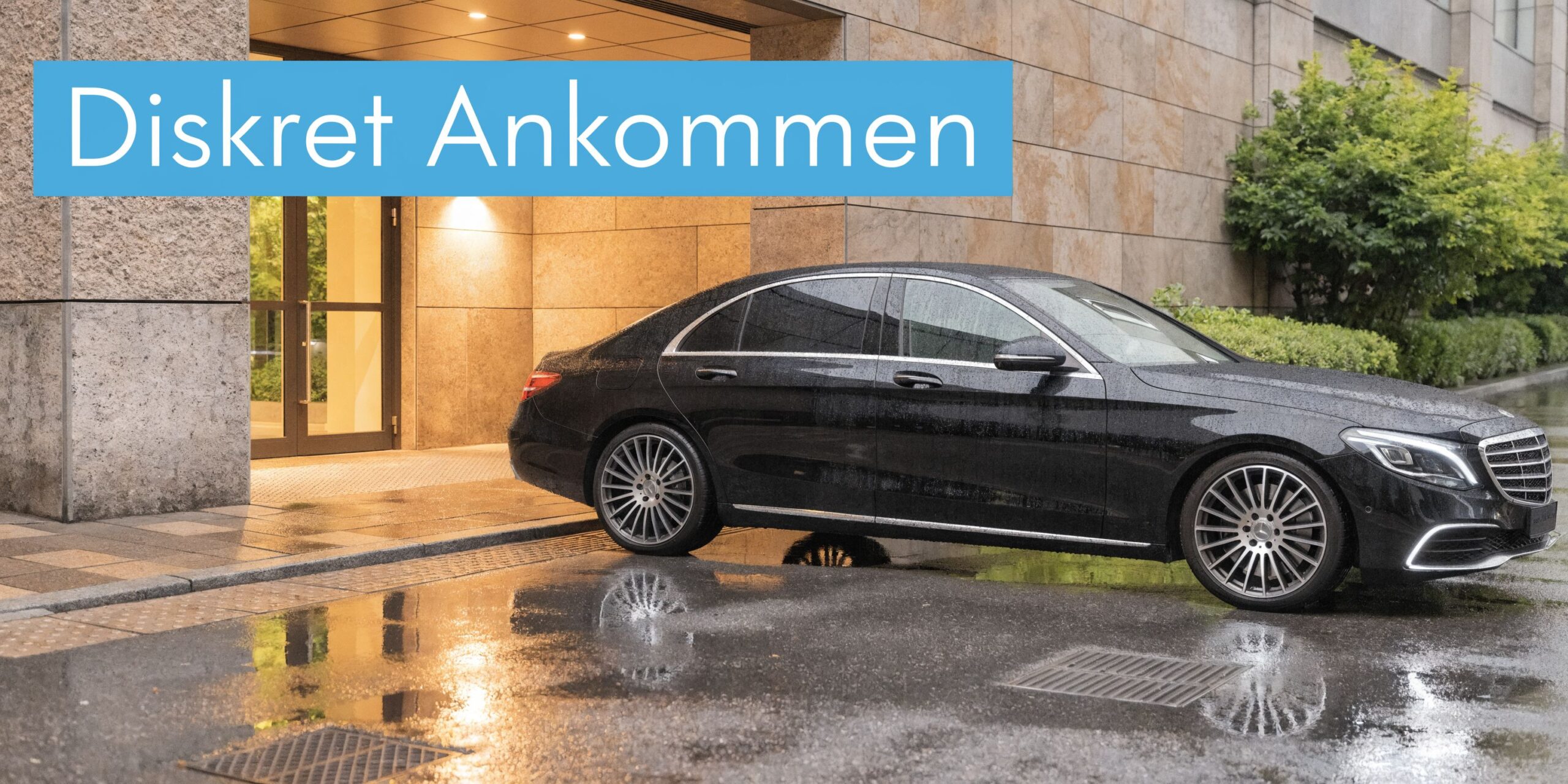 Eine schwarze Mercedes-Luxuslimousine steht diskret vor einem modernen Gebäude bei Regen für einen exklusiven VIP-Transfer.