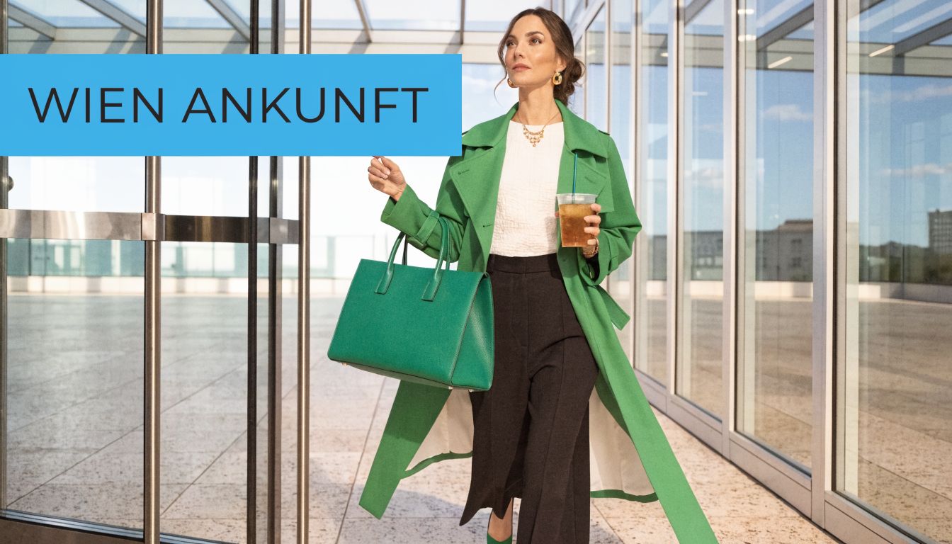 Eine stilvolle Geschäftsfrau in einem grünen Mantel geht mit einer passenden Handtasche durch ein modernes Bürogebäude.