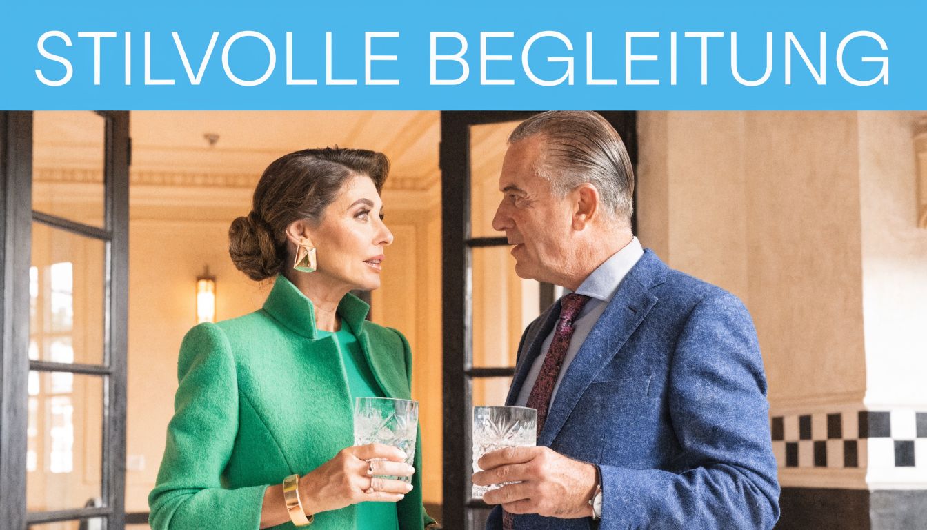 Ein elegantes Paar im gehobenen Alter genießt ein Getränk in einem stilvollen, hellen Interieur beim Gespräch.
