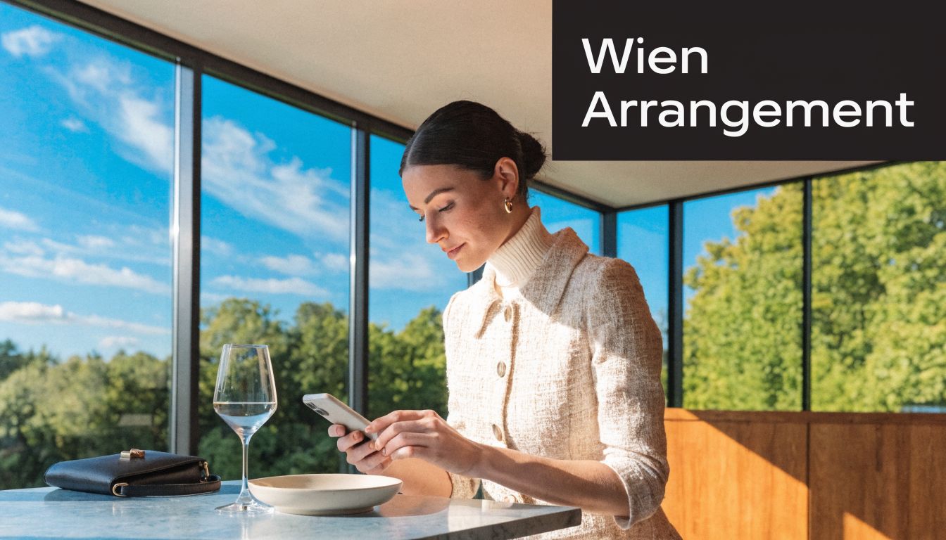 Eine elegante Frau mit Handy an einem Tisch in einem modernen Restaurant mit Blick auf das Grüne.