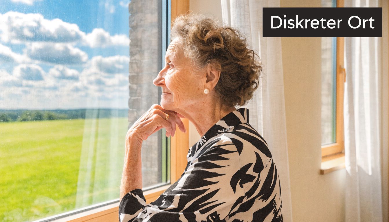 Eine ältere Frau blickt nachdenklich aus einem hellen Fenster ins Grüne und genießt einen Moment der Ruhe.