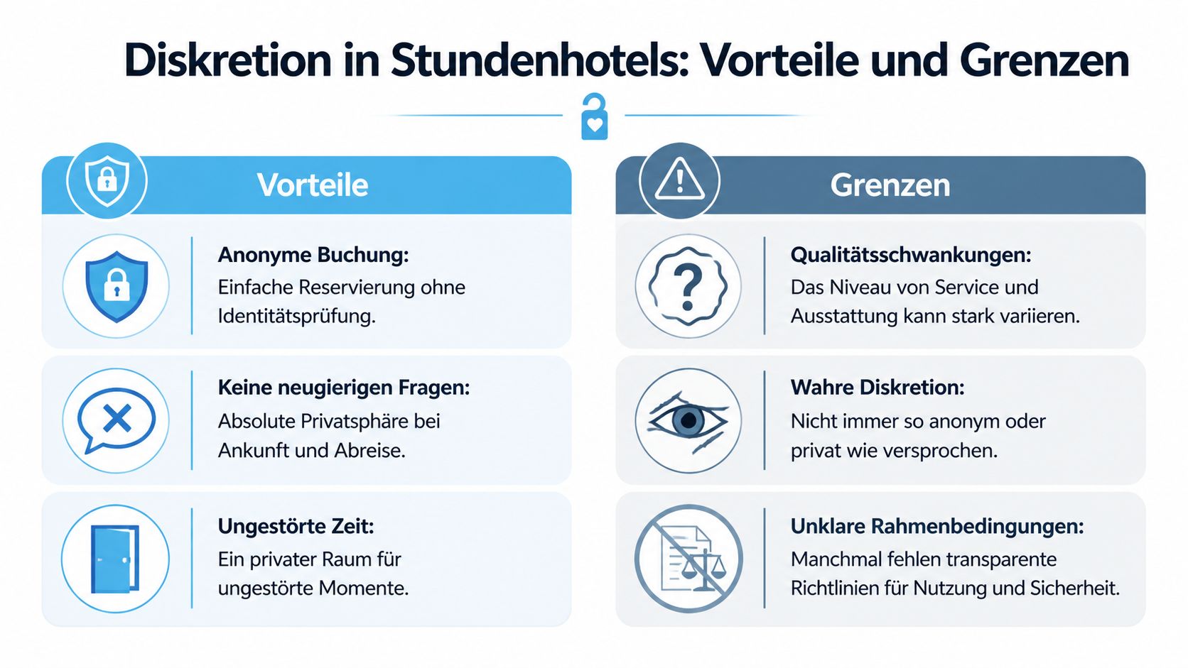 Eine Infografik mit dem Titel Diskretion in Stundenhotels, welche die Vorteile und Grenzen der Diskretion gegenüberstellt.
