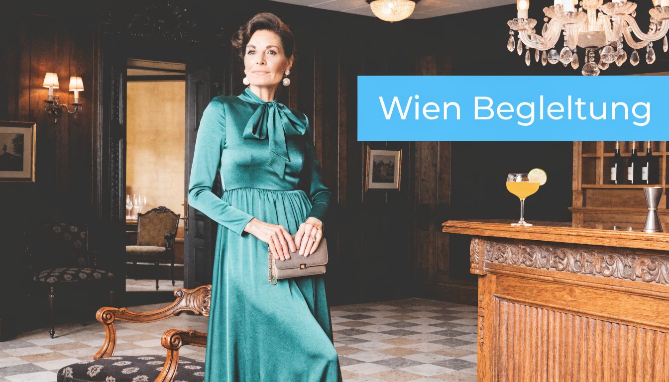 Eine elegante Frau in einem grünen Kleid steht in einer luxuriösen Bar in Wien.